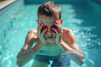 Nageur dans une piscine publique se frottant les yeux rouges