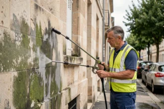 Technicien en train de nettoyer une façade en pierre avec un nettoyeur haute pression dans une rue résidentielle française