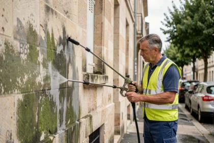 Technicien en train de nettoyer une façade en pierre avec un nettoyeur haute pression dans une rue résidentielle française