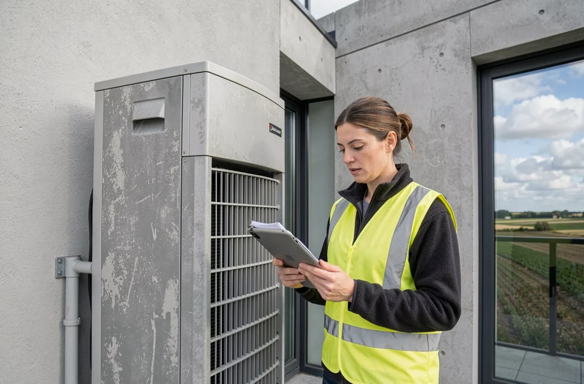 Ingénieure en énergie inspectant une pompe à chaleur réversible installée sur une maison en Lorraine