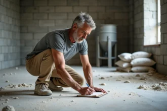Ouvrier en chantier calculant le dosage de chape ciment sur un bloc-notes dans une pièce en construction