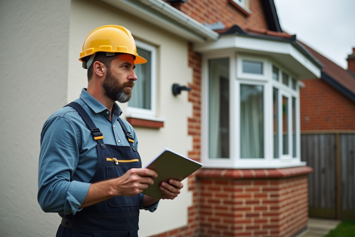 Ouvrier en overalls examine la façade d'une maison