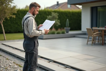 Ouvrier en overalls examinant des devis de carrelage extérieur
