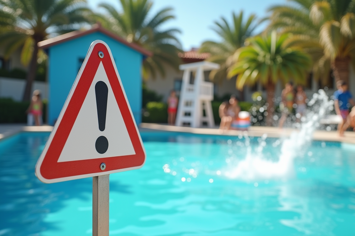 Panneau de securite piscine avec signalisation de chlore élevé