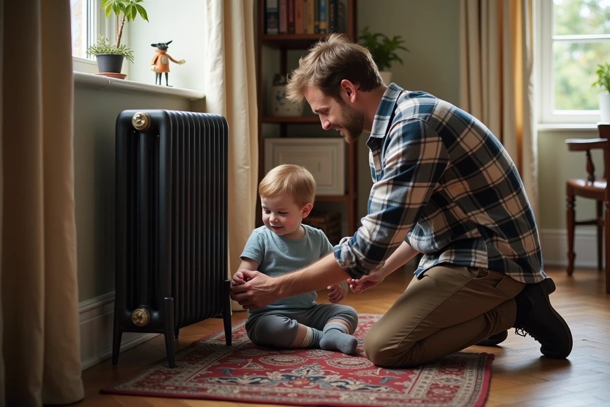 Père et enfant près d’un radiateur en fonte dans une maison ancienne