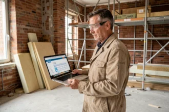 Particulier consultant les tarifs de rénovation sur un site web dans une maison en cours de travaux