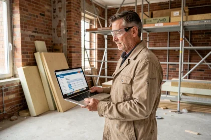 Particulier consultant les tarifs de rénovation sur un site web dans une maison en cours de travaux