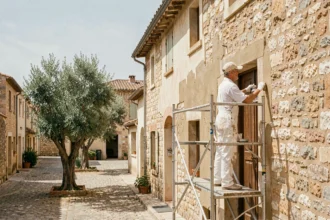 Peintre en bâtiment professionnel appliquant de la peinture sur une façade de maison provençale typique dans les Bouches-du-Rhône