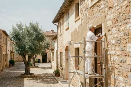 Peintre en bâtiment professionnel appliquant de la peinture sur une façade de maison provençale typique dans les Bouches-du-Rhône