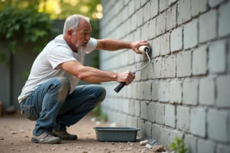 Homme appliquant de la peinture extérieure sur un mur en parpaing avec un rouleau à long manche sans traces ni reprises