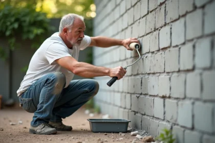 Homme appliquant de la peinture extérieure sur un mur en parpaing avec un rouleau à long manche sans traces ni reprises