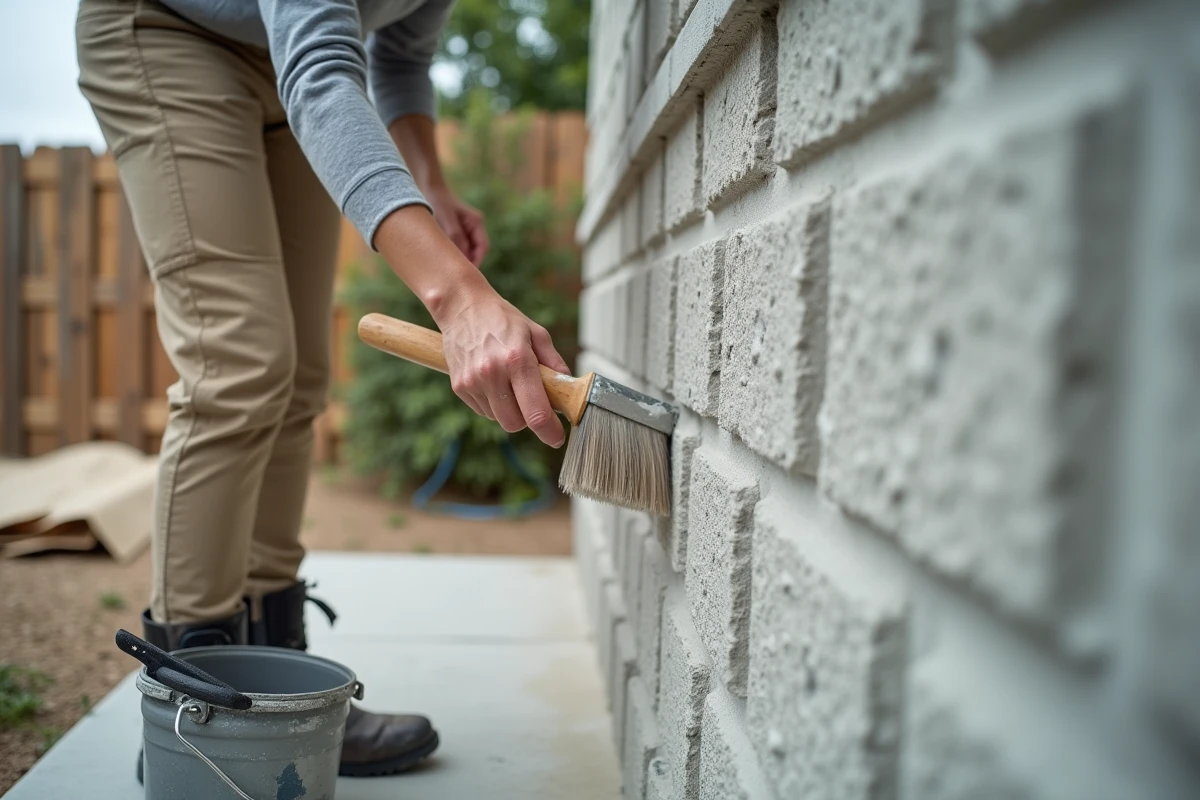 Femme peignant les bords d'un mur en parpaing extérieur avec un pinceau large pour éviter les reprises