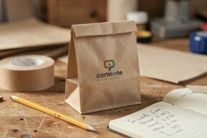 Petit sac en kraft personnalisé avec logo imprimé posé sur une table en bois entouré de fournitures de bureau et notes de calcul de coût unitaire