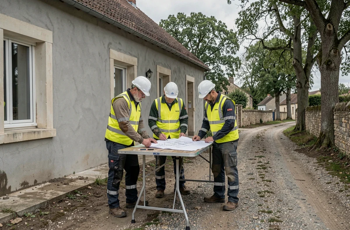 Équipe de chantier de PI-Oeuvre SAS consultant des plans devant une maison en rénovation dans l'Orne