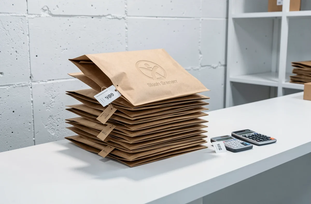 Pile de petits sacs en kraft logotés sur un comptoir de studio packaging avec calculatrice et étiquette de prix illustrant le coût à l'unité