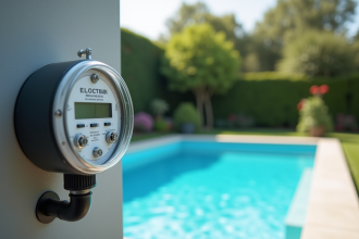 Piscine moderne dans le jardin avec compteur électrique visible