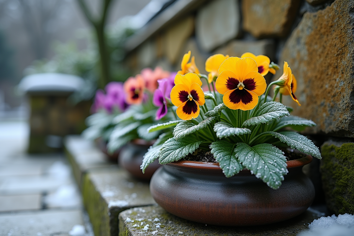 Pivoines et cyclamens fleuris sous la gelée dans un pot
