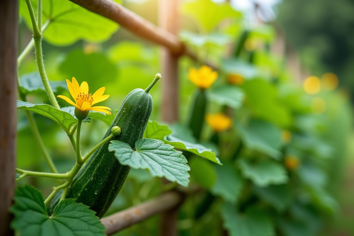 Plant de concombre avec feuilles vertes et fleurs jaunes