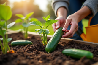 Jardinier plantant des jeunes concombres dans le sol
