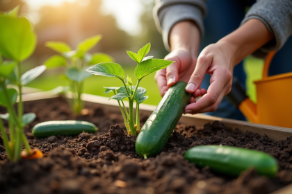 Jardinier plantant des jeunes concombres dans le sol