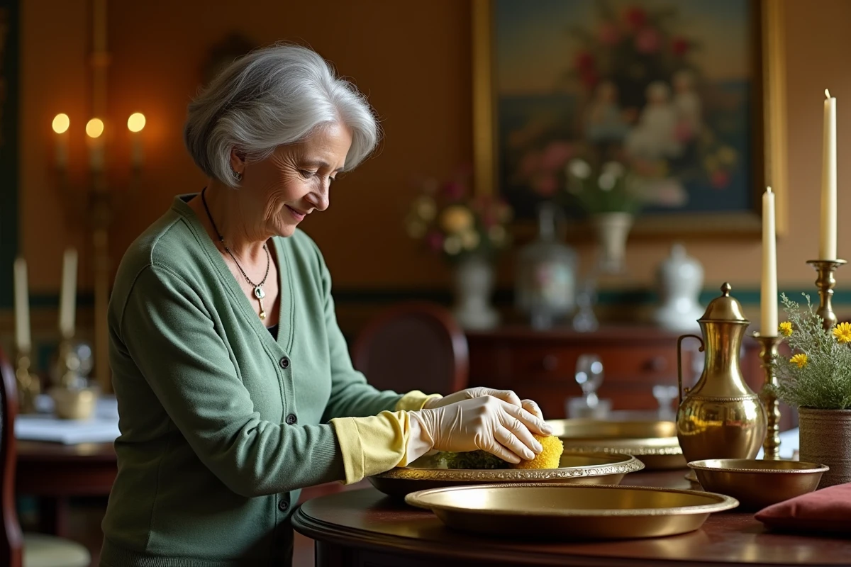 Femme arrangeant des plateaux en laiton brillants sur un buffet de salle à manger avant un dîner
