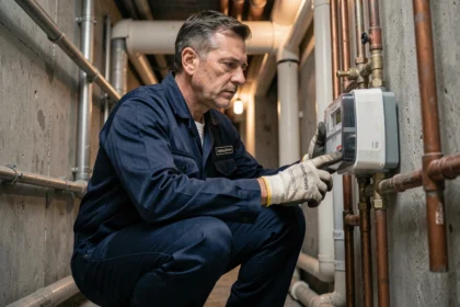 Plombier inspectant un sous-compteur d'eau individuel dans le couloir technique d'une copropriété