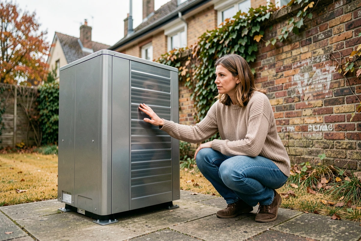 Propriétaire inspectant une pompe à chaleur nouvellement installée dans un jardin de maison individuelle