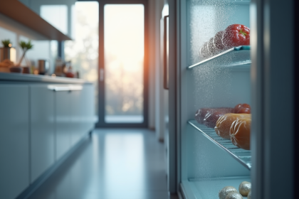 Porte de freezer entrouverte dans une cuisine moderne avec givre