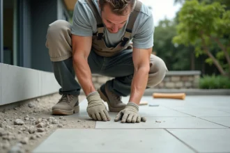 Carreleur professionnel posant des carreaux en grès cérame sur une terrasse extérieure résidentielle