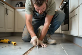 Carreleur appliquant un joint de dilatation souple en périphérie d'un carrelage en grès cérame dans une cuisine en rénovation