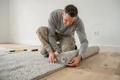 Poseur de moquette isolante thermique alignant un rouleau sur un plancher en bois dans un intérieur résidentiel