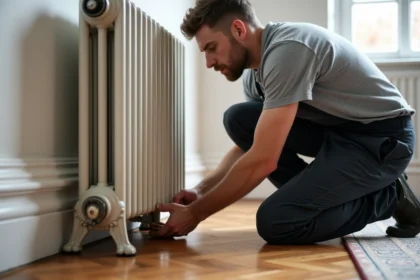 Technicien en train de poser un pied de radiateur en fonte sur un parquet en bois, vue en intérieur avec mur blanc