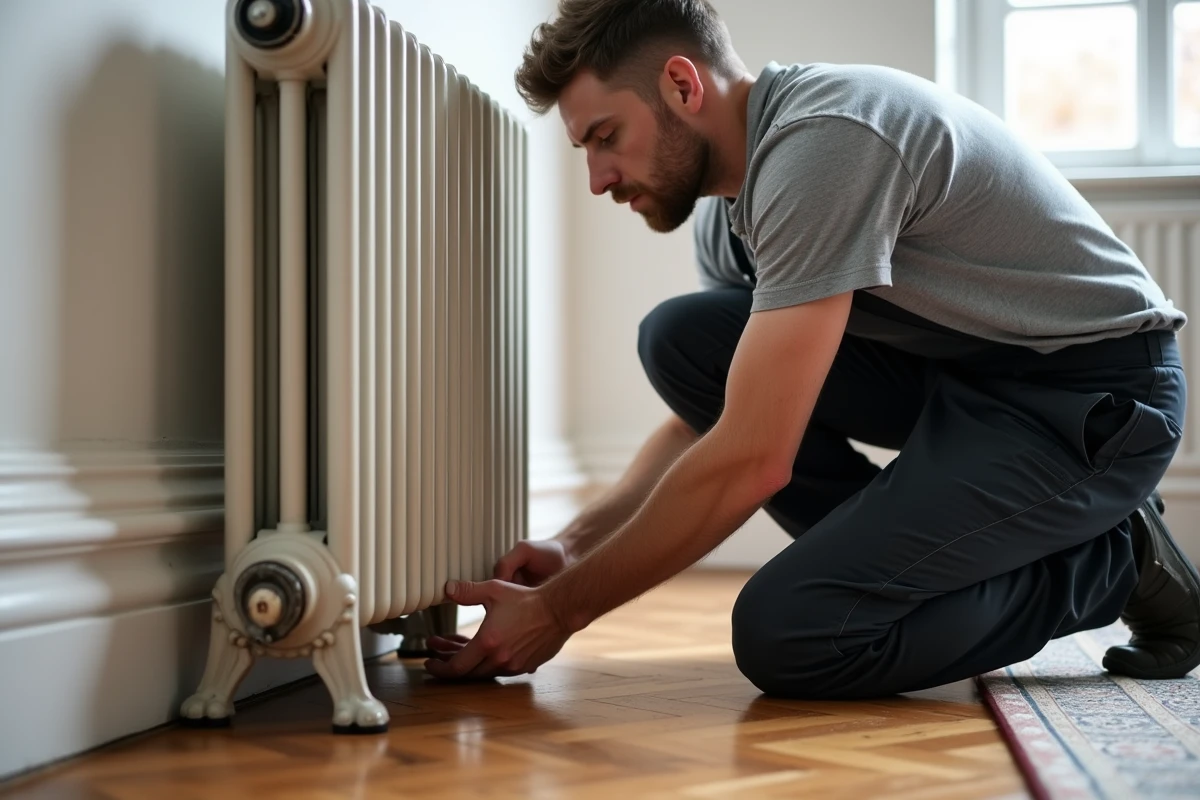 Technicien en train de poser un pied de radiateur en fonte sur un parquet en bois, vue en intérieur avec mur blanc