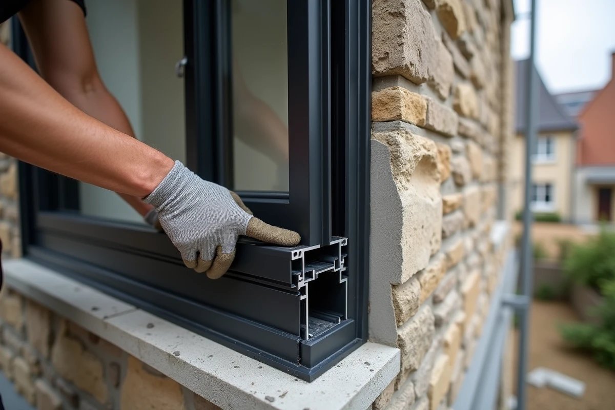 Pose d'un profilé de fenêtre TRISO Noir sur une façade en pierre lors d'une rénovation extérieure