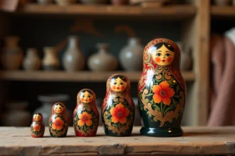 Ensemble de poupées matriochkas russes traditionnelles disposées en rangée décroissante sur une table en bois rustique