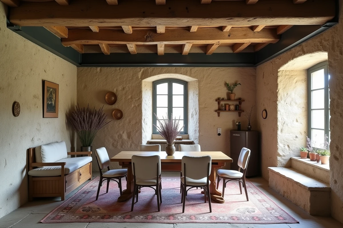 Salon rénové avec poutre en fer anthracite intégrée au plafond d'une maison en pierre ancienne