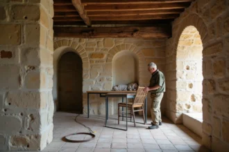 Artisan inspectant une poutre en fer sur mur en pierre dans une ancienne ferme en rénovation
