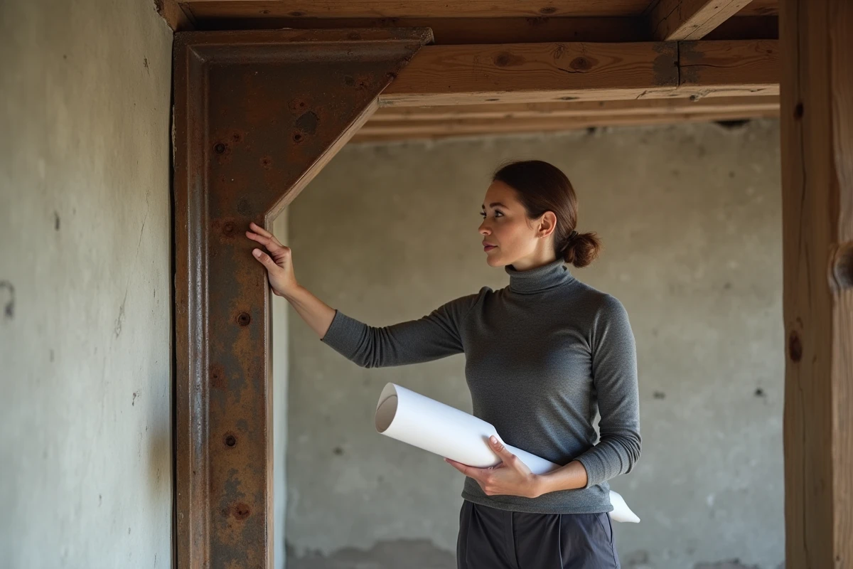 Architecte examinant une poutre en fer ancienne avec patine rouille dans une maison de caractère