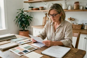 Femme préparant les informations pour un devis décoration intérieure à domicile, entourée d'échantillons de tissus et de notes manuscrites