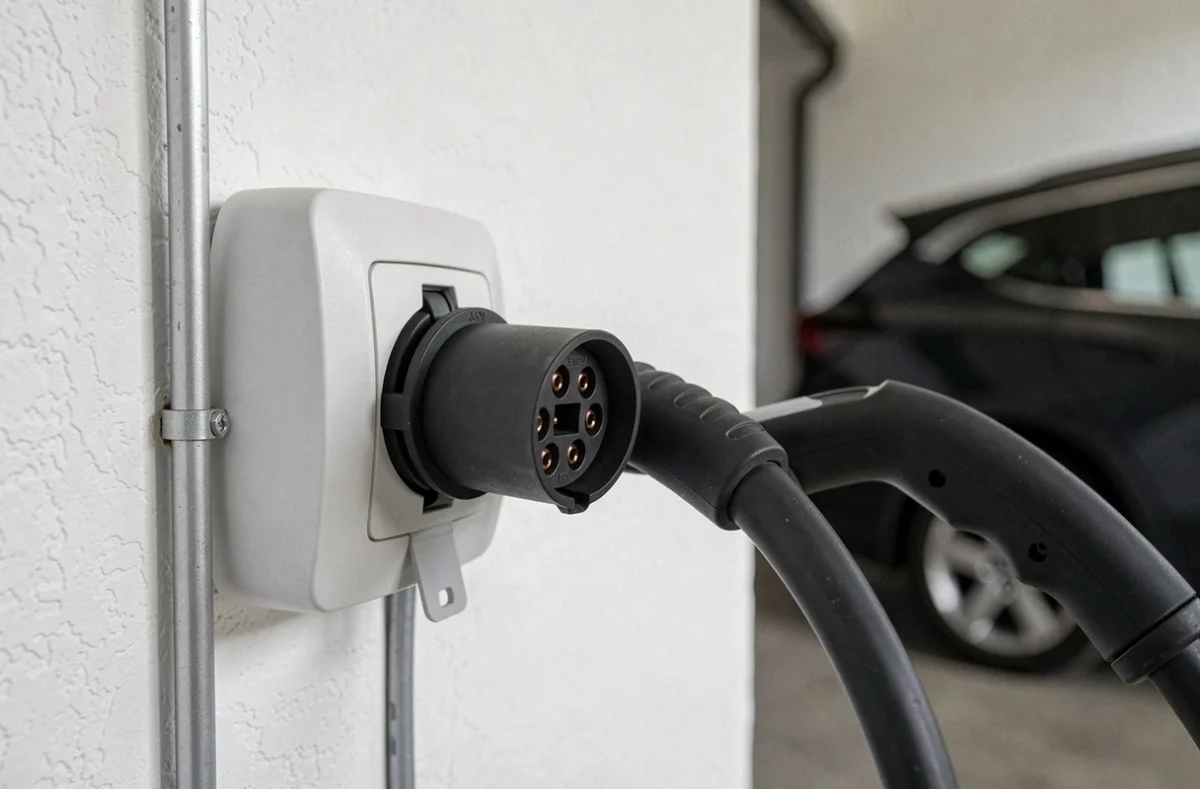 Prise triphasée murale avec câble de recharge type 2 connecté pour véhicule électrique dans un garage résidentiel