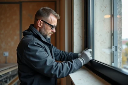 Professionnel du bâtiment inspectant un encadrement de fenêtre TRISO Noir lors d'une rénovation intérieure