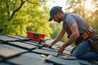 Artisan couvreur travaillant sur une maison au printemps avec arbres verts