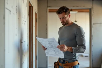 Professionnel du bâtiment vérifiant les spécifications techniques d'une cloison en placo avant fixation de téléviseur