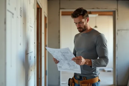 Professionnel du bâtiment vérifiant les spécifications techniques d'une cloison en placo avant fixation de téléviseur
