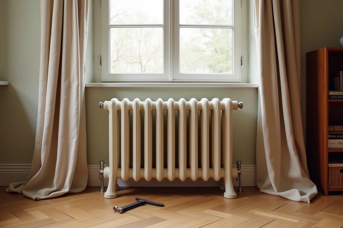 Radiateur en fonte sur pieds décoratifs installé dans un salon haussmannien rénové avec parquet en point de Hongrie