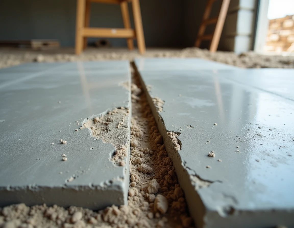 Gros plan sur une rainure de découpe précise dans une dalle béton, montrant la texture granuleuse du béton et la poussière de coupe