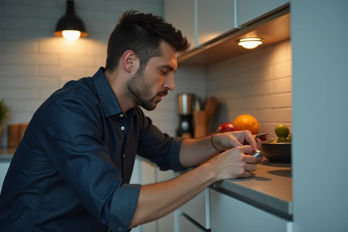 Homme remplaçant une petite ampoule à culot sous un meuble de cuisine moderne