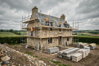 Vue d'ensemble d'une maison normande en pierre en cours de rénovation dans l'Orne, avec échafaudages et ouvriers