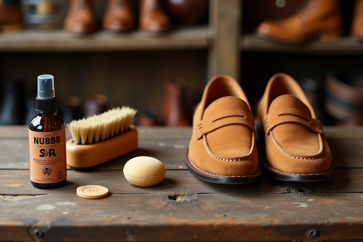 Flat-lay éditorial d'une gomme à nubuck, d'un imperméabilisant et d'une paire de mocassins caramel sur bois brut