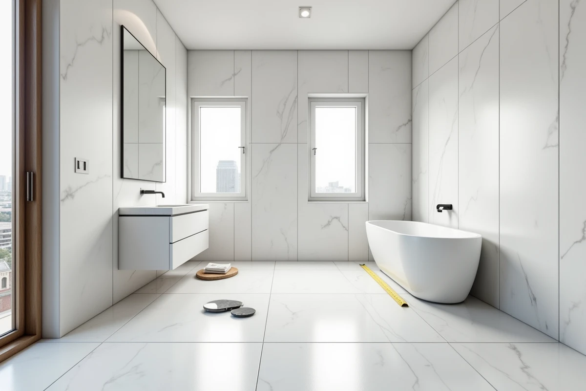 Salle de bain neuve entièrement carrelée avec carreaux grand format effet marbre et joints fins